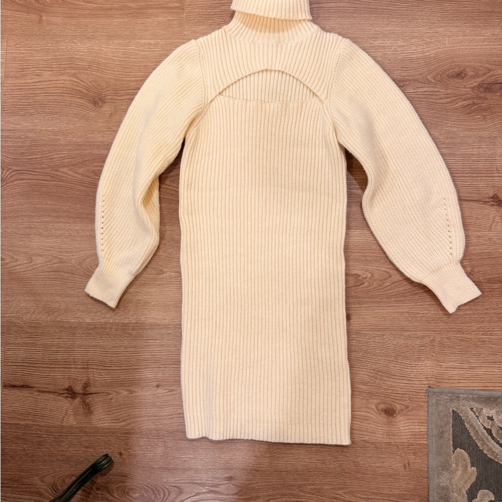 Cream Ribbed Knit Turtleneck Dress